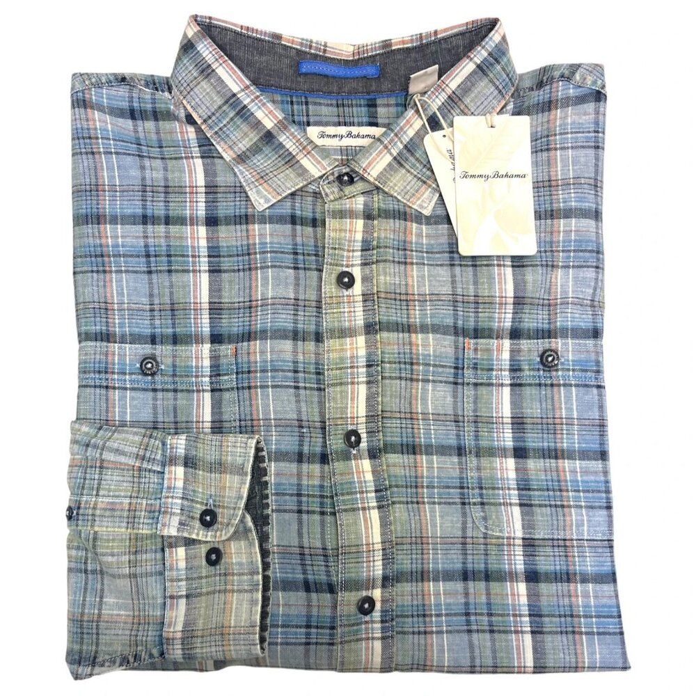 Tommy Bahama Canberra Plaid Long Sleeve Cotton Shirt Mens Big Tall 2XB Blues